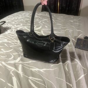 Coach Black Patent Leather Tote with Brass Accents